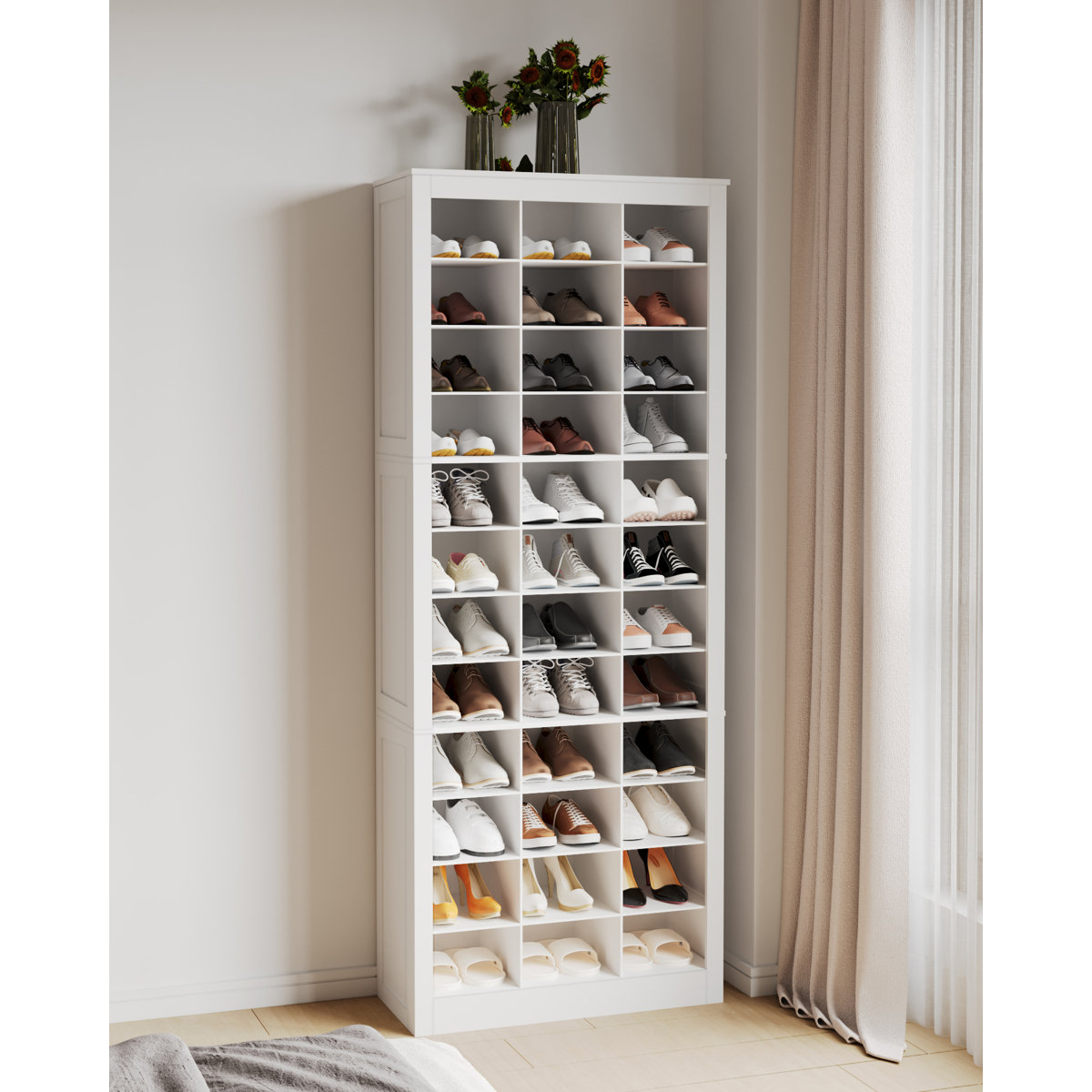 Darlington Shoe Storage Cabinet, 36 Pairs Free Standing Closet Organizer, 8.8 inch Widened Cell Wood Shoe Organizer, 12 Tiers Vertical Space Saving Shoe Rack for Entryway, Bedroom